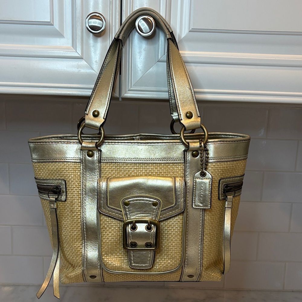 Coach Bag Purse Handbag Legacy Straw & Metallic Leather Tote Shoulder Pocketbook